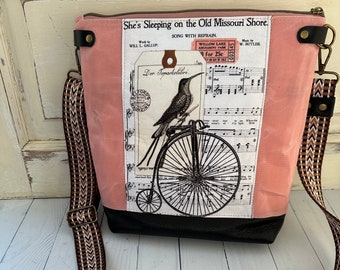 Summer canvas crossbody bag,handmade pink waxed canvas bag, vintage sheet music, gift for music lover