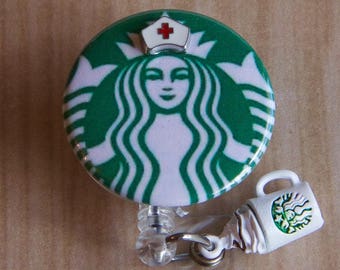 Starbucks Coffee Nurse Badge Reel-ID Holder with Starbucks Charm- Nurse Badge Reel-Retractable Holder-Name Badge Holder-Starbucks Coffee