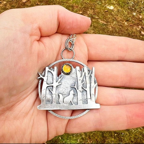 Sterling Silver and Citrine Fox and Birch Tree Pendant