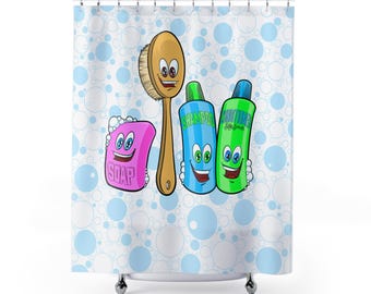 Cortina de ducha infantil con diseño de dibujos animados, champú, jabón y cepillo para la espalda.