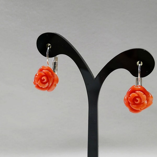 Genuine Natural 11 mm MOMO orange red carved coral rose lever back earrings/gift for her/gift for woman/gift for mother/gift for wife#t544-3
