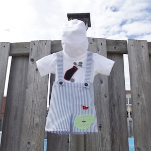 Boys Golf Theme Outfit  Shorts with Suspenders Tee Hat Set  Golf Appliques