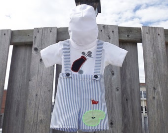 Ragazzi Golf Tema Outfit Shorts con Suspenders Tee Hat Set Golf Appliques