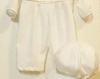 Boy's Heirloom Christening Baptism Wedding Romper and Hat Set  Off White and Ivory