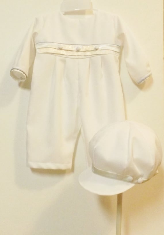 Boy's Heirloom Christening Baptism Wedding Romper and Hat Set  Off White and Ivory