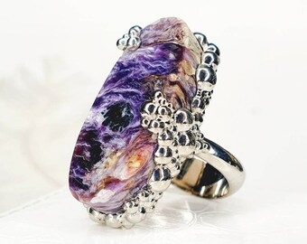 Long Oval Charoite statement ring Purple Statement artisan ring Sterling silver One-of-a-kind Right hand ring