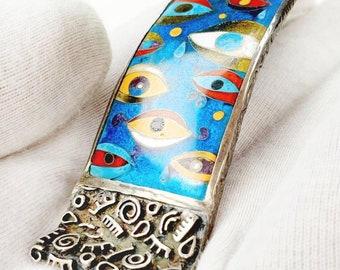 Large Evil eye cloisonne pendant necklace with fantasy style chain Abstract textured hot enamel jewelry One-of-a-kind
