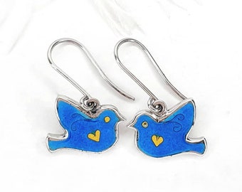 Blue bird hot enamel earrings Bird Dangle earrings Cloisonne silver jewelry