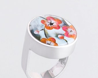 Sakura hot enamel ring Sterling silver flower cloisonne ring Cherry blossom hot enamel jewelry