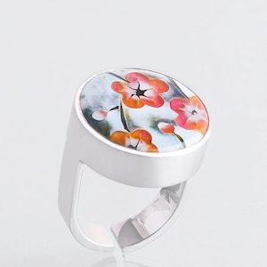 Sakura hot enamel ring Sterling silver flower cloisonne ring Cherry blossom hot enamel jewelry
