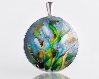 Botanical hot enamel pendant Handmade Cloisonne Sterling silver jewelry Reed pendant Gift for her Mothers day