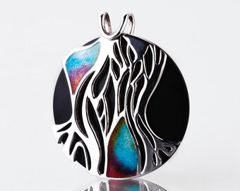 Abstract silver seaweed pendant Multi-stone ebony wood hot enamel jewelry One-of-a-kind layered Ocean sea jewelry One-of-a-kind jewelry