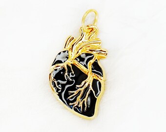 Real Guilded Heart pendant Black anatomical heart jewelry Hot enamel silver pendant