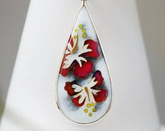 Hibiscus hot enamel pendant with yellow and orange sapphires Cloisonne jewelry Sapphire and handmade engraving