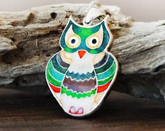 Bird necklace cloisonne jewelry Green bird silver pendant Barn Owl enamel pendant Hot enamel jewelry Glass bird necklace Valentines day gift