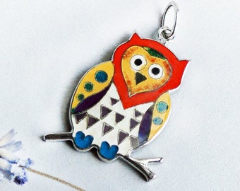 Silver Barn owl hot enamel pendant Cloisonne owl jewelry Enamel glass bird necklace