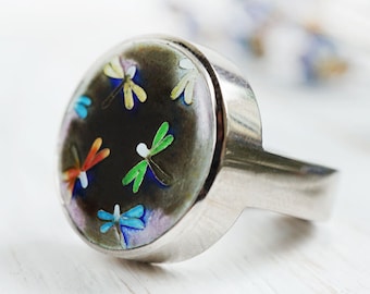 Dragonfly jewelry Hot enamel ring Cloisonne sterling silver ring Black ring Enamel jewelry