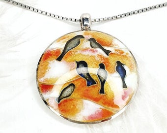 Hot enamel bird lomantic pendant Sunset Gold Birds Necklace Cloisonne silver jewelry Sallow enamel jewelry