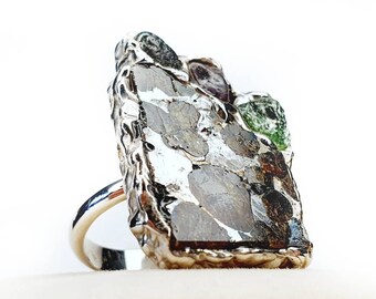 Multi-Stone Meteorite Statement artisan ring Sterling silver Right hand ring Raw garnet ring