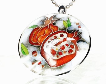 Pomegranate with leaves hot enamel pendant Armenian Fruit Necklace Life symbol Cloisonne silver jewelry Rosh Hashanah enamel jewelry