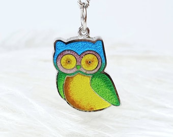 Small Barn Owl cloisonne silver pendant Hot enamel bird jewelry Owl enamel jevelry Animal pendant