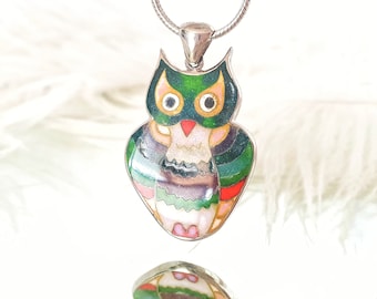 Silver bird necklace cloisonne jewelry Owl necklace Green bird silver pendant One of a kind Boho jewelry Valentines day