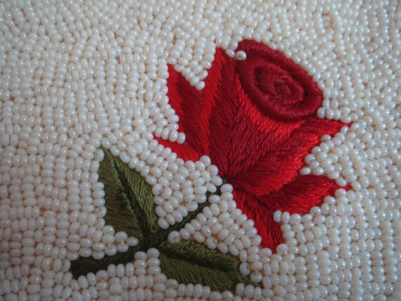 vintage BEADED pearlized & rose  EMBROIDERY HANDB… - image 3
