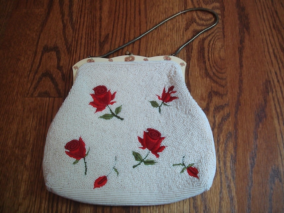 vintage BEADED pearlized & rose  EMBROIDERY HANDB… - image 1