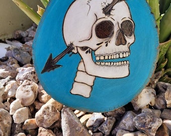 Painted Skull with Arrow Pyrography Wall Hanging