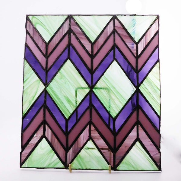 A lovely hand made vintage Stained Glass panel with Art Deco style Chevrons