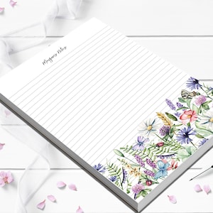 Personalized Notepad with Wildflower and butterflies cute lined or blank notepad