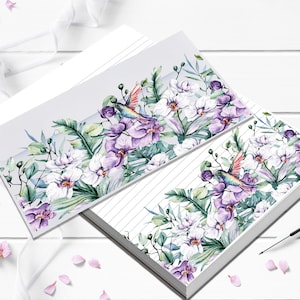 Watercolor purple floral with hummingbird large stationery set with large notepad measures 8 x 10 or 8.5x11 and matching envelopes