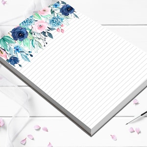 Blue draping floral Notepad makes a cute desk pad or to-do-list pretty writing paper  of birthday gift for mom