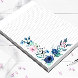 Pretty Dark Blue and Pink corner floral Lined or unlined notepad teacher gift or thank you gift for co-worker