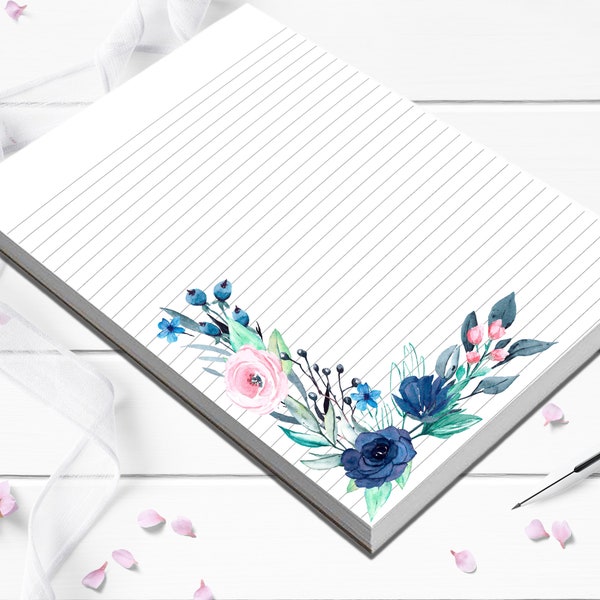 Pretty Dark Blue and Pink corner floral Lined or unlined notepad teacher gift or thank you gift for co-worker