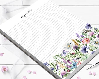 Personalized Notepad with Wildflower and butterflies cute lined or blank notepad with 50 or 80 your choice of lines and sizes