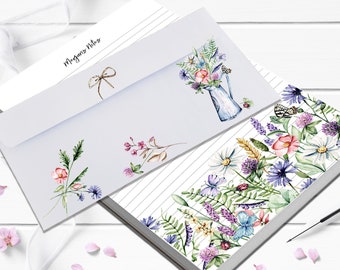 writing paper for letters Personalized notepad set Wildflower and butterflies 3 different line options 8.5 x 11 with 50 tear-off sheets 25 or 50 easy seal envelopes