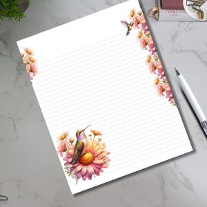 Papelería digital, bonito papel para escribir, regalo para amantes de los jardines, colibrí y papel digital floral, tamaño carta de 8,5 x 11, rayado y en blanco
