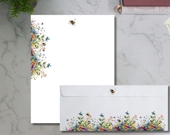 Notepad Personalized Cute spring wildflowers and bee large writing paper  a stationery gift set with envelopes