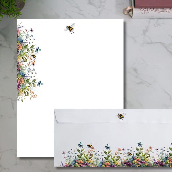 Notepad Personalized Cute spring wildflowers and bee large writing paper  a stationery gift set with envelopes