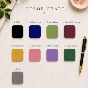 a color chart with various shades of black, blue, green, burgundy, purple, pink, grey, and green. The chart is accompanied by a pen and a plant, and the text "COLOR CHART" is visible.