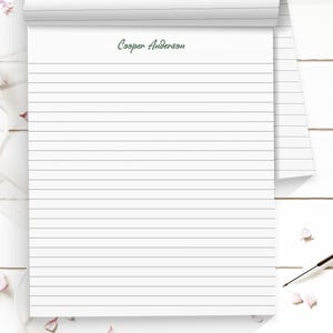 Writing Paper tear-off notepad makes a nice gift for a co-worker with 50 or 100 sheets personalized with a name or initial, 5 sizes