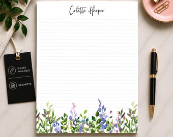 Personalized Wildflower Notepad, Custom Name Lined Writing Pad, Botanical Stationery Gift for Women