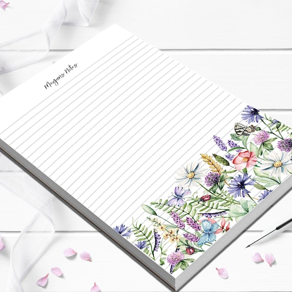 Personalized notepad with wildflower and butterflies, lined or blank writing pad, gift for mom