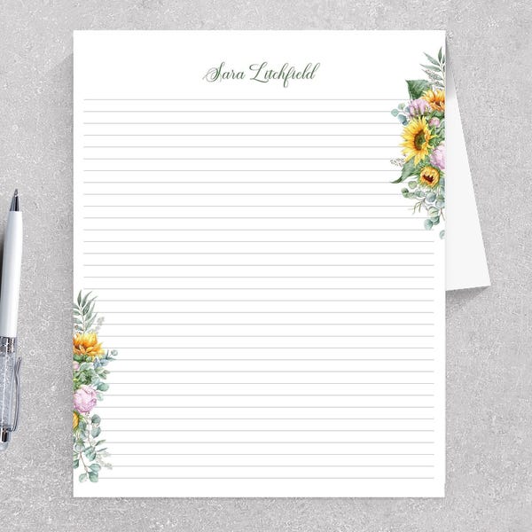 Personalized Sunflower Notepad, Pretty Writing Paper Gift