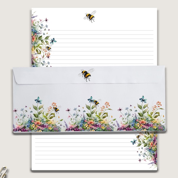 Notepad Personalized Cute spring wildflowers and bee large writing paper  a stationery gift set with envelopes