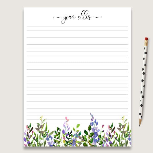 Personalized notepad with watercolor wildflower greenery and purple flowers, greenery writing paper college gift
