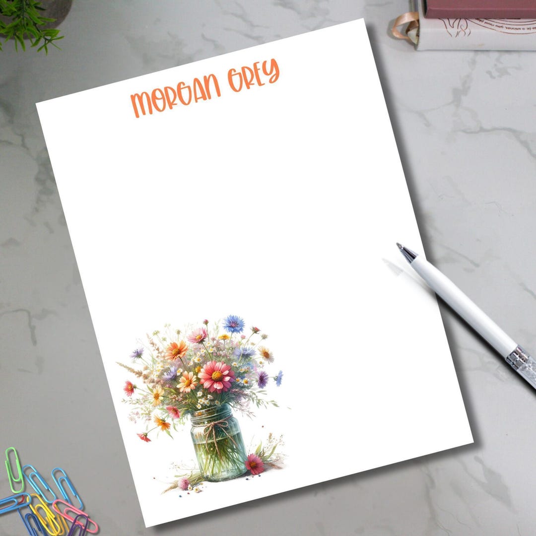 Personalized Floral Notepad, Custom Stationery Paper, Spring Desk Pad ...