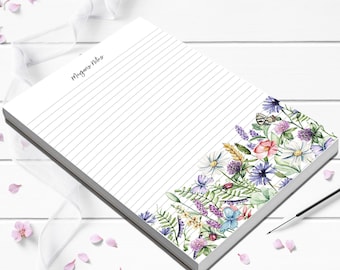 Personalized notepad with wildflower and butterflies, lined or blank writing pad, gift for mom