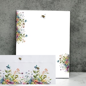 Notepad Personalized Cute spring wildflowers and bee large writing paper  a stationery gift set with envelopes
